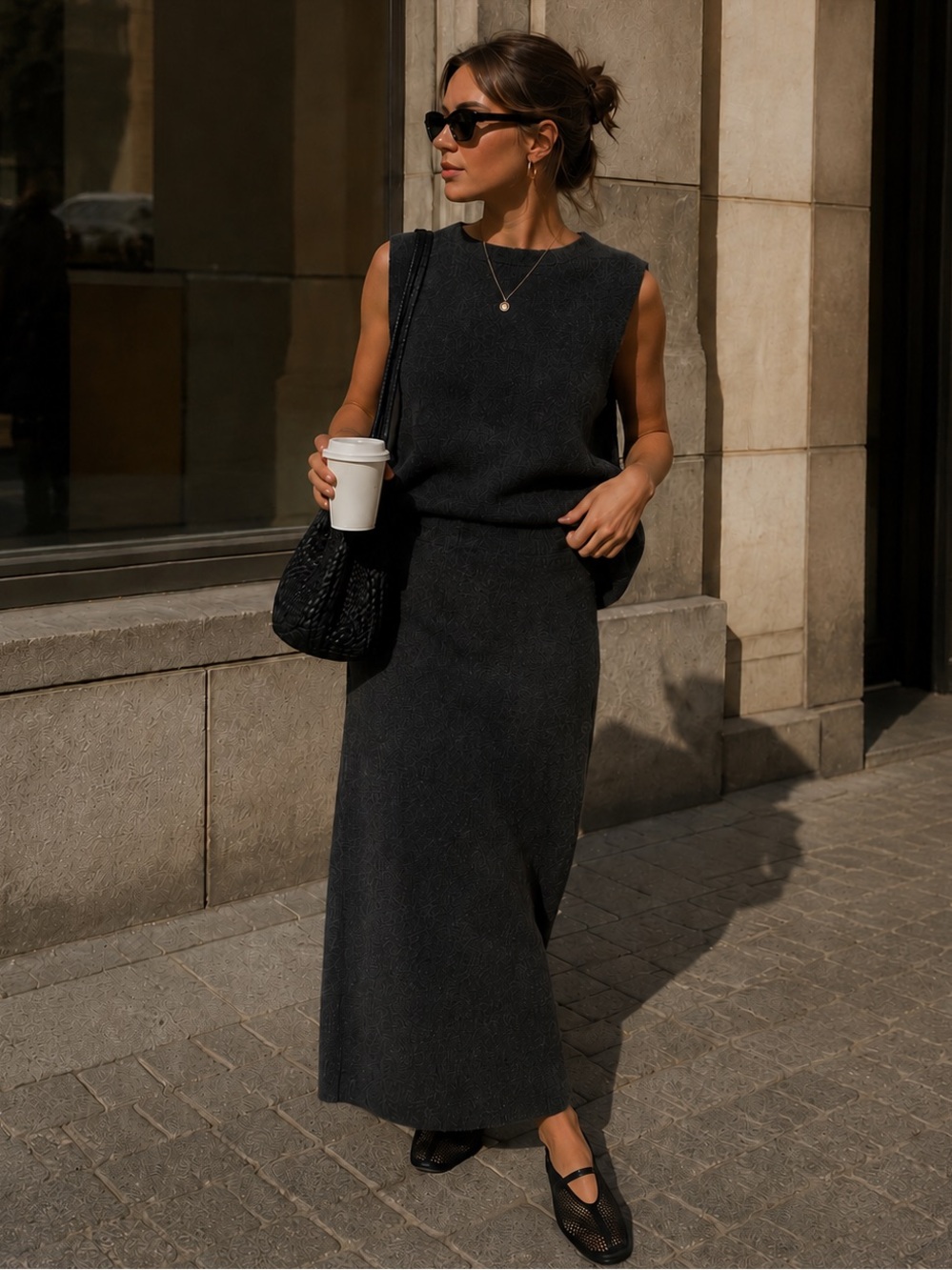 Uniqlo Charcoal  Sleeveless top AND Maxi Knit Skirt Set